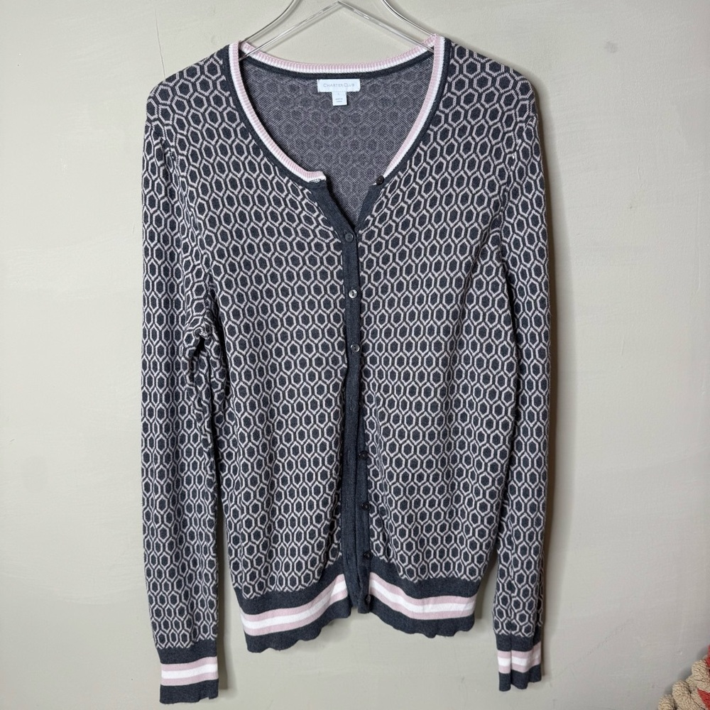 CHARTER CLUB WOMEN'S COTTON RAYON PATTERNED CARDIGAN SWEATER GRAY & PINK SIZE L